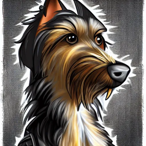 Image similar to an anthropomorphic yorkie dog wearing a black leather punk jacket smoking a cigarette in a hotel lobby, digital art