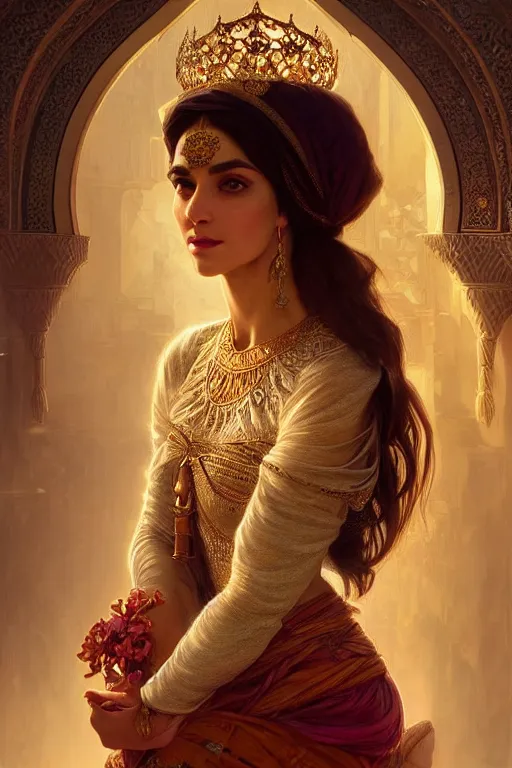 Prompt: Beautiful portrait of an attractive Persian Princess who is an architect, beautiful princess, face painting, persian architecture, dramatic lighting, intricate, wild, highly detailed, digital painting, artstation, concept art, smooth, sharp focus, illustration, art by artgerm and greg rutkowski and alphonse mucha, footage from space camera