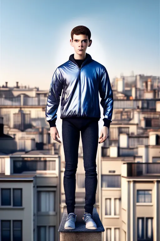 Image similar to un ultra high definition studio quality photographic art portrait of a young man standing on the rooftop of a british apartment building wearing soft padded silver pearlescent clothing. three point light. extremely detailed. golden ratio, ray tracing, volumetric light, shallow depth of field. set dressed.