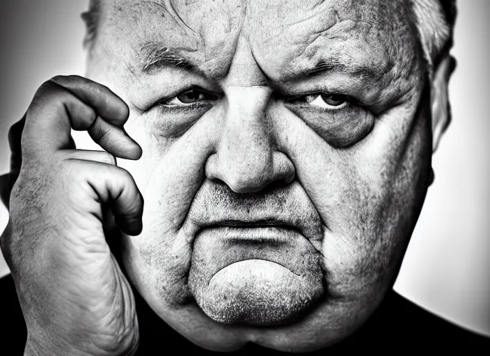 Image similar to high resolution black and white portrait with an 8 0 mm f / 4. 4 lens of a fat 7 0 year old intelligence agent looking very serious with a face like he is guarding a secret.