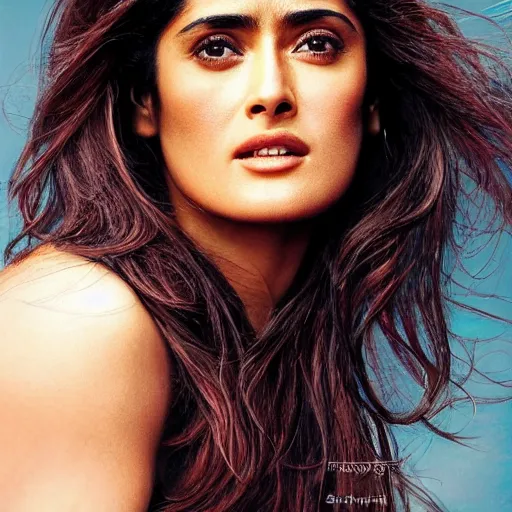 Prompt: photo of salma hayek with long hair in the style of stefan kostic, realistic, body shot, sharp focus, 8 k high definition, insanely detailed, intricate, elegant, art by stanley lau and artgerm, cherry blossoms