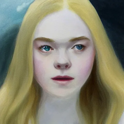 Prompt: Painting of Elle Fanning under gray clouds, long blonde hair, delicate, pale milky white porcelain skin, by Edward Hopper. 8K. Extremely detailed.