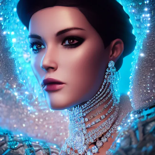 Image similar to portrait of wonderful princess of diamond with fair skin, ornate with diamonds, 8 k, gorgeous, intricate, detailed, glowing white accent lighting, dramatic lighting, octane render