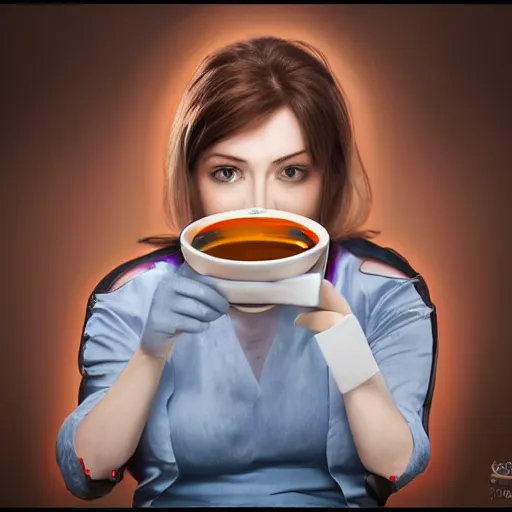 Image similar to stunning award winning hyperrealistic hdr 8 k highly detailed portrait photo of glados drinking tea