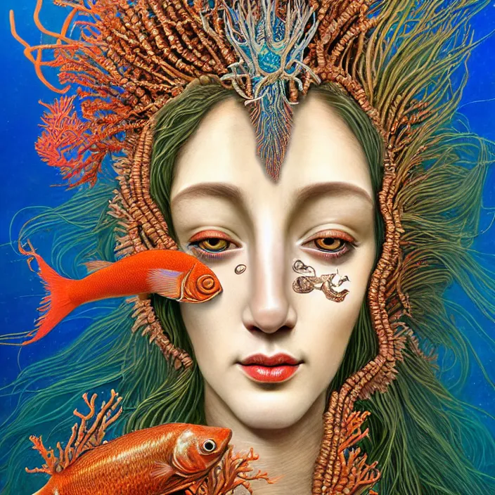 Image similar to realistic detailed face portrait of the goddess of the fish of the three times with an intricate headdress of corals, sea kelp, sea plants, fish, jellyfish, art by archimboldo, and face in focus, neo - gothic, gothic,