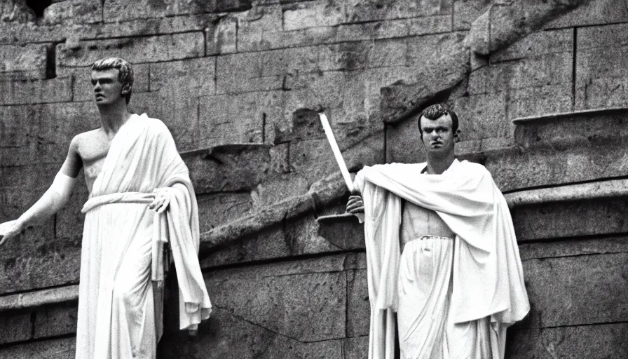 Image similar to 1 9 6 0 s movie still close - up of caligula in a white toga stabbed to death on ancient amphitheater's stairs, cinestill 8 0 0 t 3 5 mm, high quality, heavy grain, high detail, dramatic light, anamorphic, blood