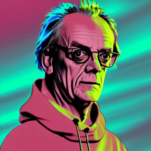 Image similar to vector christopher lloyd in hoodie, portrait, vaporwave, synthwave, neon, vector graphics, cinematic, volumetric lighting, f 8 aperture, cinematic eastman 5 3 8 4 film