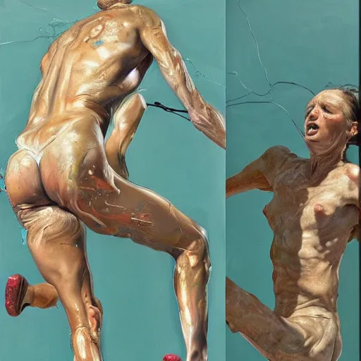 Prompt: high quality high detail painting by lucian freud and jenny saville, hd, jumping, turquoise