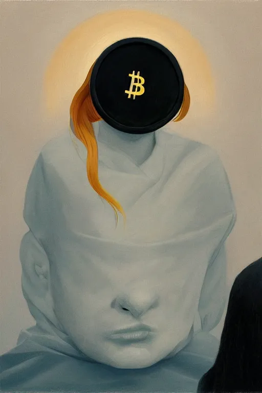 Image similar to Billie Eilish wearing oculus and bitcoin over his head Edward Hopper and James Gilleard, Zdzislaw Beksisnski, highly detailed