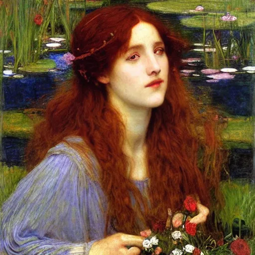 Image similar to ophelia by john william waterhouse, rosetti, monet, william holman hunt, 8 k