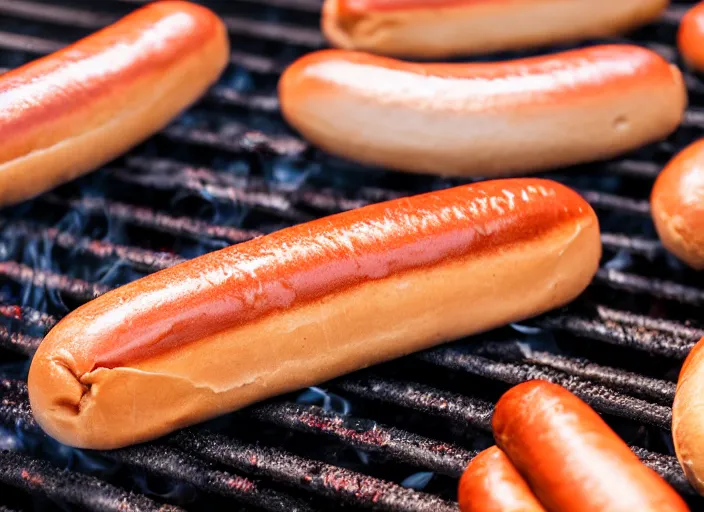 Prompt: dslr food photo closeup of hot dogs cooking on a grill, 8 k, 8 5 mm f 1. 8