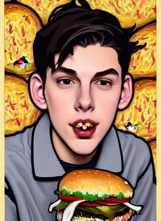 Prompt: oil painting, teenage jughead jones, wears a light grey crown with buttons on it, and devours a hamburger, wearing a light grey crown, intricate, elegant, highly detailed, pinocchio nose, lighting, painting, artstation, smooth, illustration, art by greg rutowski and alphonse mucha