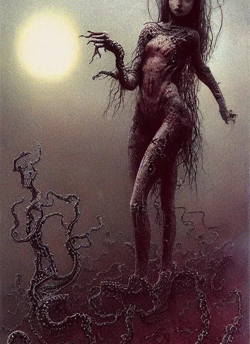 Prompt: lovecraftian teen girl by Beksinski and Luis Royo