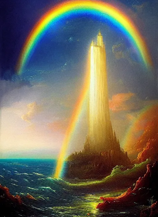 Image similar to a delicate sparkling rainbow fantasy tower splashes upwards from a turbulent rainbow ocean, dramatic lighting, rich colors, sunlight shimmering off the tower and the water and the spray, beautiful painting by Thomas Cole