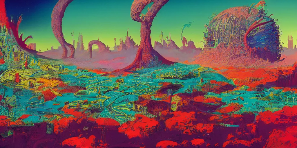 Prompt: striking colours vivid, gaps holes, neonothopanus, creatures, metropolis in distance, moons, realistic landscape art by roger dean, reflections, art by michael whelan, organic textures, seedpods, art by kilian eng, moebius artwork, ultrawide angle, hires 8 k detailed natural textures
