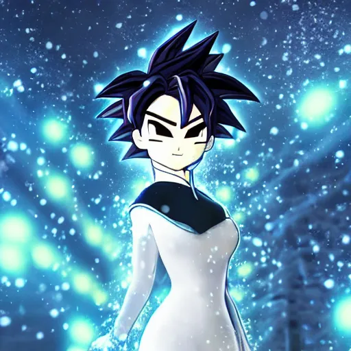 Image similar to portrait focus of Super Saiyan beautiful 3D anime gir!! frozen ice !! dark forest background, snowing, bokeh, inspired by Masami Kurumada, digital painting, high contrast, unreal engine render, volumetric lighting, high détail