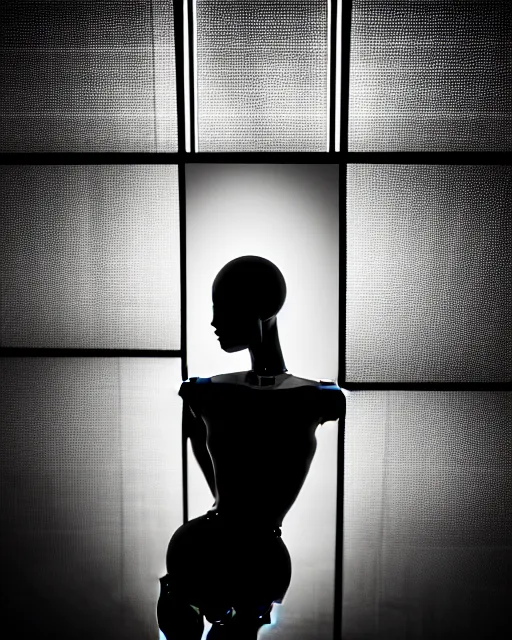 Prompt: black and white high quality photo of a female AI-cyborg-doll looking into a sci-fi mirror, volumetric lighting, hyperdetailed, photorealistic, masterpiece, elegant, dark, in the style of Man Ray,