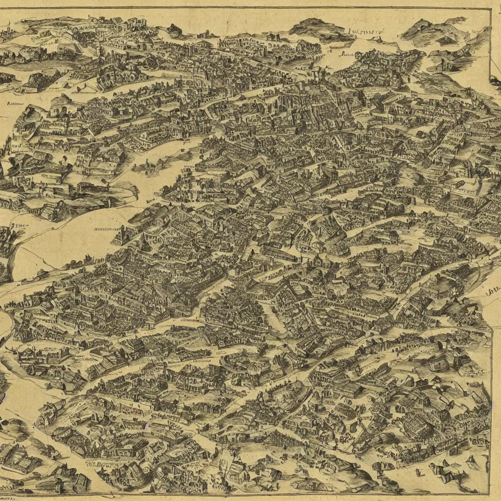 Prompt: 1 9 th century map of an ancient ruined hellenistic city. 4 k museum archival scan