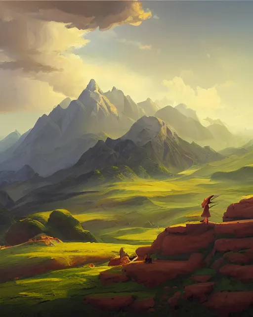 Image similar to a painting of a landscape with mountains and clouds, a matte painting by rhads, behance contest winner, fantasy art, 2 d game art, matte painting, concept art