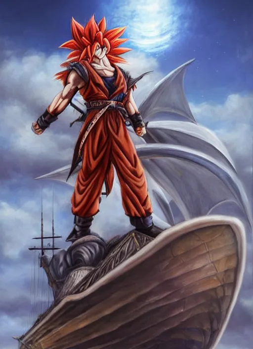 Image similar to epic fantasy portrait painting of a long haired, red headed male sky - pirate in front of an airship in the style of the dragonball