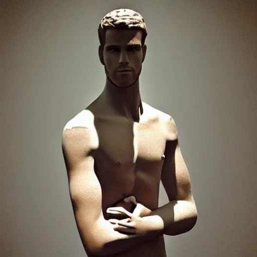 Image similar to “a realistic detailed photo of a guy who is an attractive humanoid who is half robot and half humanoid, who is a male android, actor Liam Hemsworth, shiny skin, posing like a statue, blank stare, at the museum, on display”