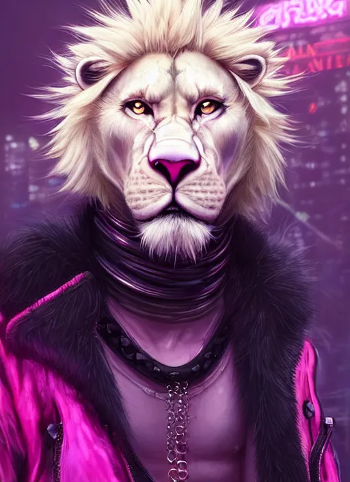 Image similar to aesthetic portrait commission of a of a male fully furry muscular anthro albino lion with a tail and a beautiful attractive hyperdetailed face wearing stylish and creative unkempt black and pink cyberpunk 2077 clothes in a sci-fi dystopian city at golden hour while it storms in the background. Character design by charlie bowater, ross tran, artgerm, and makoto shinkai, detailed, inked, western comic book art, 2021 award winning painting