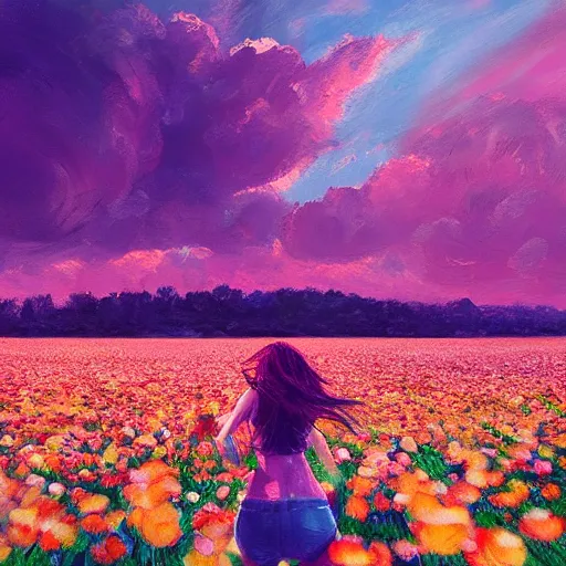 Image similar to giant rose flower head, full body girl running through a flower field, surreal photography, sunrise, dramatic light, impressionist painting, colorful clouds, digital painting, artstation, simon stalenhag