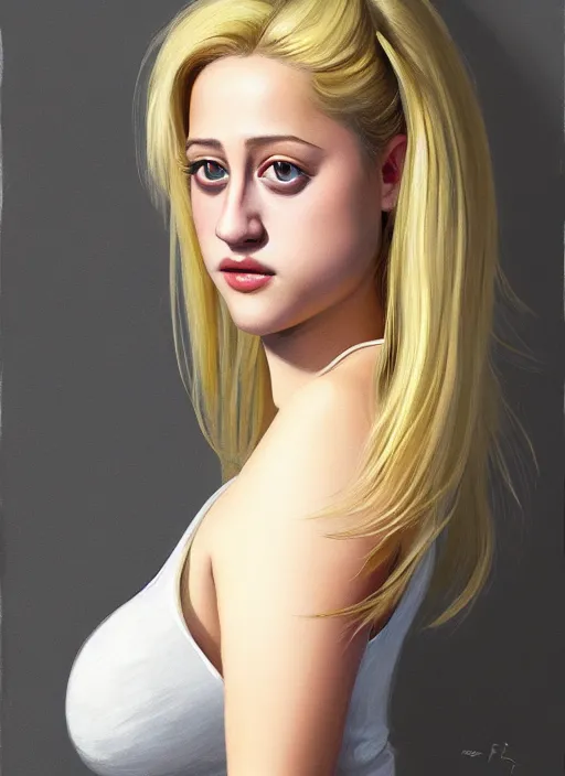 Image similar to full body portrait, teenage lili reinhart, blonde hair, obese, bangs, ponytail, sultry, realistic, sultry smirk, fluffy bangs, curly bangs, fat, belly, intricate, elegant, highly detailed, digital painting, artstation, concept art, smooth, sharp focus, illustration, art by wlop, mars ravelo and greg rutkowski