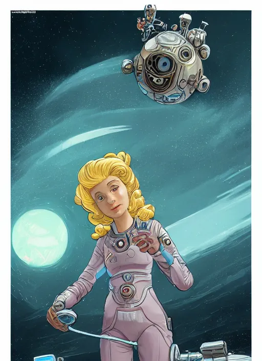 Image similar to beautiful planet cottagecore princess rosalina holding a bob - omb wearing a scifi space jetsuit by laurie greasley, intricate bioluminescent highly detailed, digital painting, concept art, symmetrical face, octane render unreal engine meta humans, smooth, sharp, focus, illustration, art by artgerm and greg rutkowski and alphonse mucha, artstation