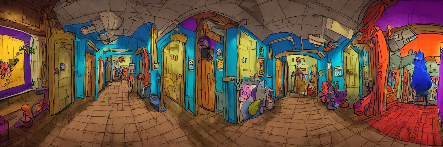 Prompt: theatre access corridor background, 3 doors, fish eye, day of the tentacle, color, vibrant