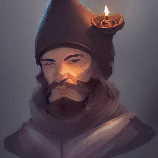 Image similar to a male adventurer wearing a black sleeping cap with a puffball, holding a candle, portrait, d & d, science fiction, concept art, matte, sharp focus, illustration, concept art, jason chan, dan luvisi, karl thiart, uhd, 4 k, very detailed