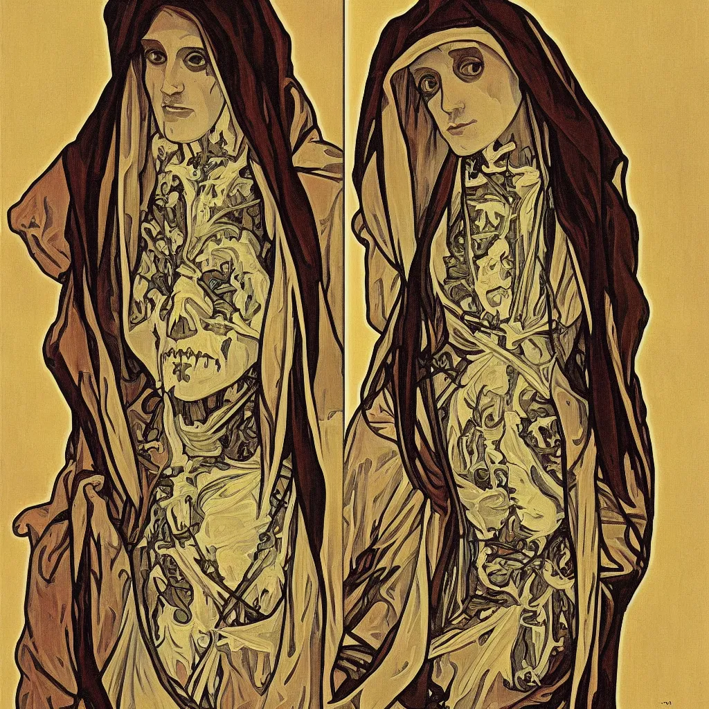 Prompt: a portrait of a skeleton nun in the style of Alphonse Mucha,Realistic style,oil on canvas