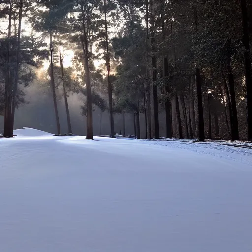 Image similar to augusta national the masters, but during winter completely covered in snow, beautiful ambient light, stunning photography, fog, light rays