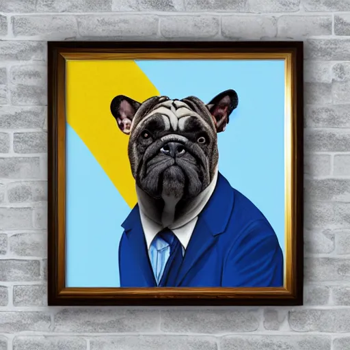 Prompt: american realist portrait of bat - eared bulldog - fish creature wearing a suit, ultramarine blue, burnt sienna and azo yellow