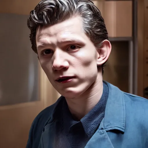 Prompt: tom holland as a rough dirty old man with a scruffy beard in a dark blue trenchcoat as the new doctor who, cinematic, volumetric lighting, f 8 aperture, cinematic eastman 5 3 8 4 film, photorealistic