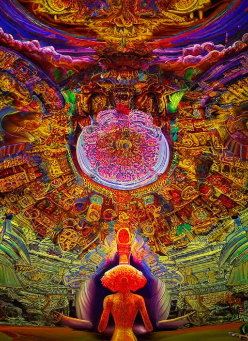 Image similar to breathtakingly beautiful ultrawide angle colour masterpiece weird dream, low angle view from inside a hindu temple, figure meditating close shot, strange beautiful cybertronic temple, incredible sense of depth and perspective and clarity, hyperrealism, realistic, dramatic lighting, leds, arch, symmetry symmetrical, alex grey and moebius and studio ghibli, 8 k