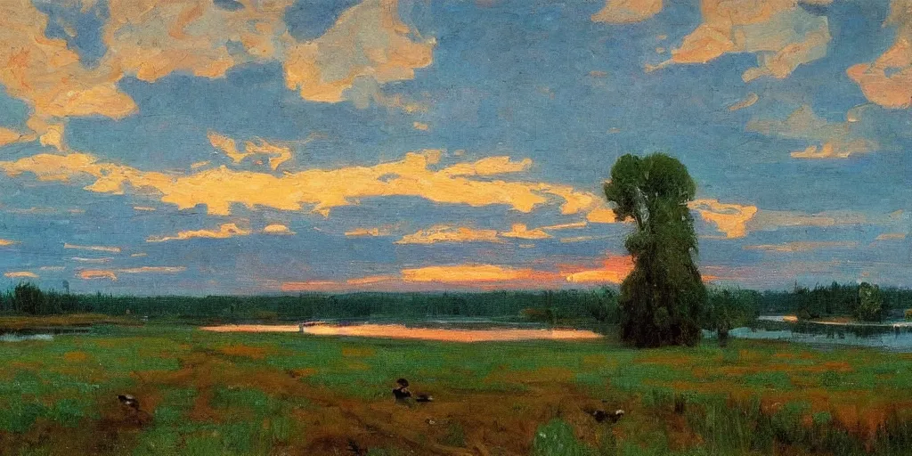 Image similar to a river in spring, birds are in the sky, puffy clouds, settle sunset, in style of Isaac Levitan,