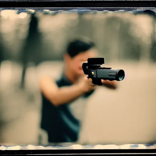 Image similar to An atmospheric close up photo of A man sticking a gun in the camera, bokeh, Polaroid, masterpiece
