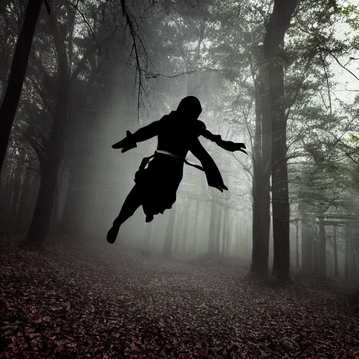 Image similar to An award winning photograph of a a ninja in a moody forrest jumping