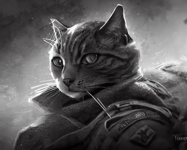 Image similar to A cat wearing soldier uniform in a world war 1 trench, close-up, black and white, amazing digital art, hyper detailed, artstation, in the style of Tony Sart