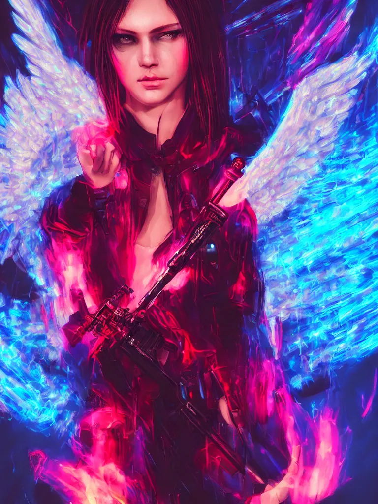 Image similar to portrait of angel with a fire sword, cyberpunk, glitchcore, synthwave art, detailed, masterpiece, trending on artstation, featured on pixiv, hd, 4 k, 8 k