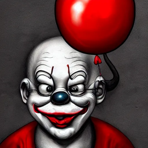 Image similar to surrealism grunge cartoon portrait sketch of an apple with a wide smile and a red balloon by - michael karcz, loony toons style, pennywise style, horror theme, detailed, elegant, intricate