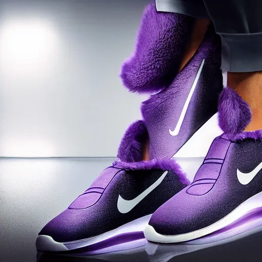 Prompt: futuristic nike shoe made of very fluffy purple faux fur placed on reflective surface, professional advertising, overhead lighting, heavy detail, realistic by nate vanhook, mark miner