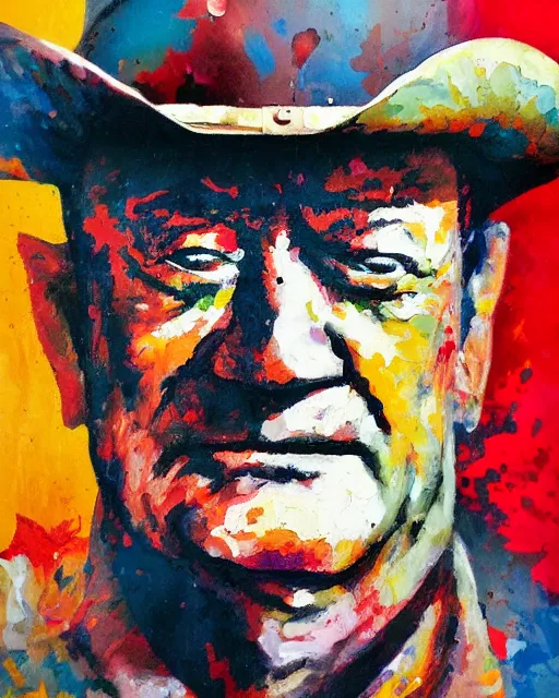 Image similar to abstracted John Wayne painted in extremely thick, glistening impasto splatter paint, in muted colors, in impressionist styles