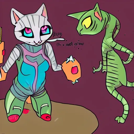 Prompt: magical cat lizard fight with robot cat girl, trending