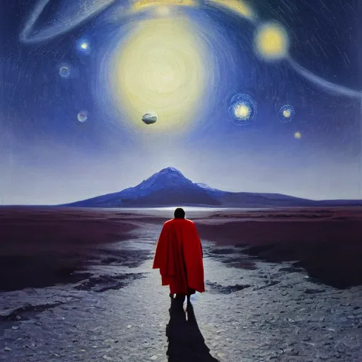 Prompt: an epic painting of an orthodox patriarch walking along an airless icy planet in the endless starry night of space, unreal 5, DAZ, detailed, soft focus, brilliant, 4k, 8k, HD, trending on artstation, art by Rick Guidice painting by Robert McCall by John Harris, abstract