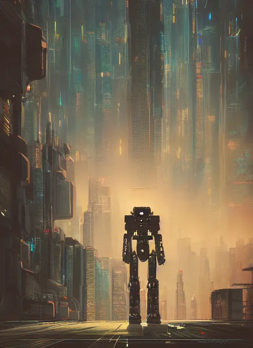 Image similar to a painting of a giant robot standing in front of a city, cyberpunk art by mike winkelmann, behance contest winner, nuclear art, dystopian art, apocalypse art, sci - fi