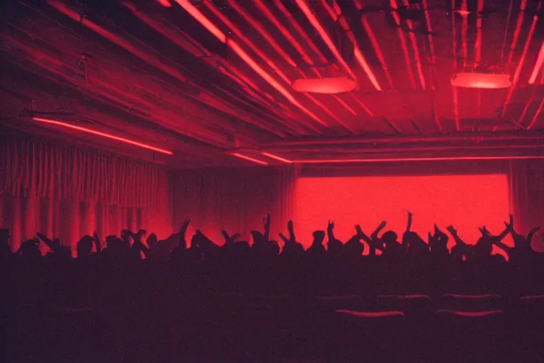 Image similar to a dark conference hall, people cheering at the man on stage, atmospheric and obscure, red neon light, by roger deakins, cinematography, syd mead, dave mckean