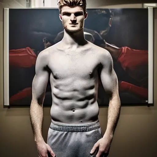 Image similar to a realistic detailed photo of a guy who is an attractive humanoid who is half robot and half humanoid, who is a male android, soccer player timo werner, shiny skin, posing like a statue, blank stare, in a living room, on display, showing off his muscles