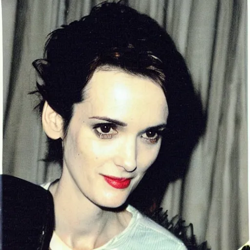 Prompt: winona ryder at a 80s underground party, polaroid